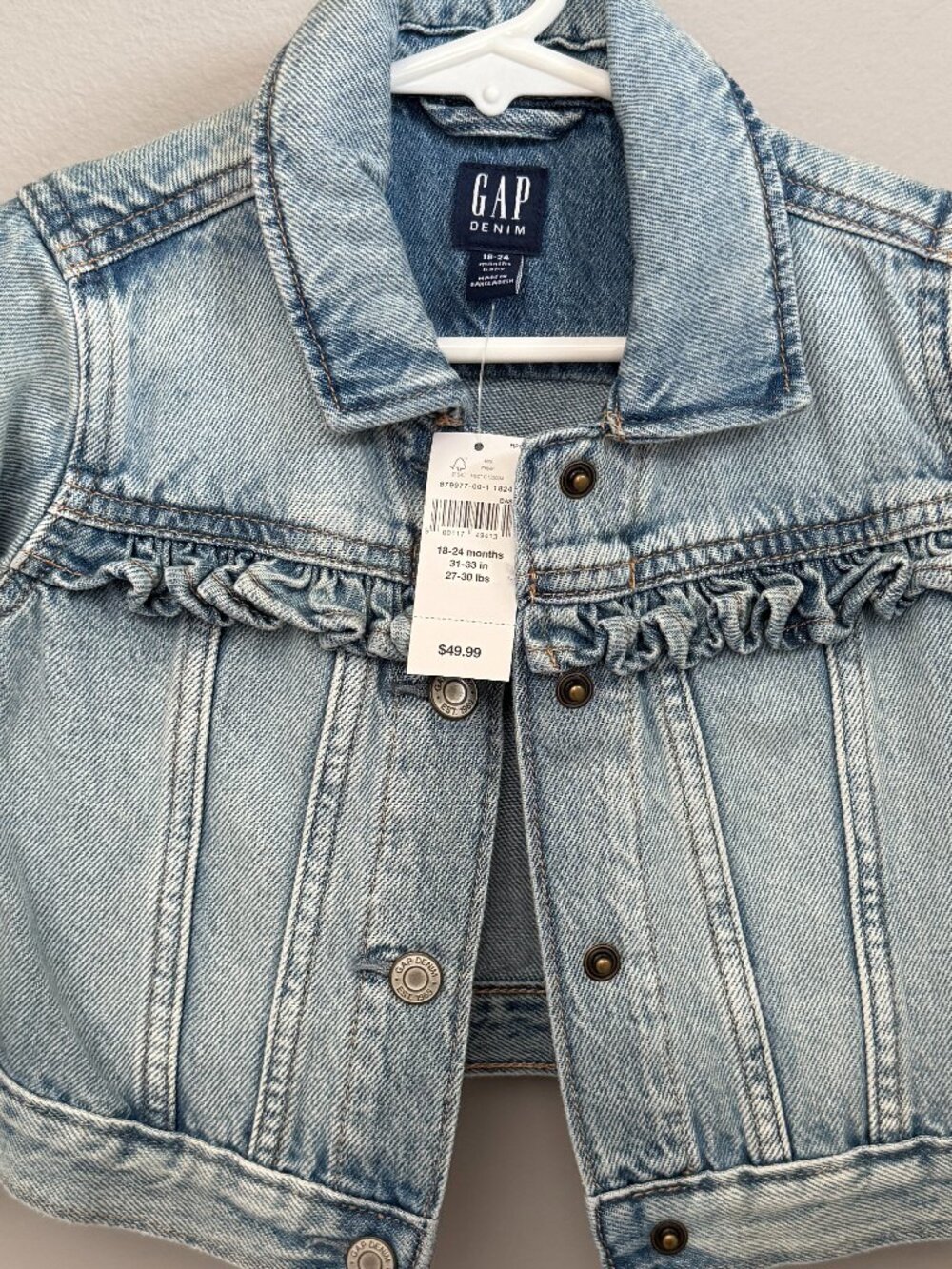 NWT babyGap Ruffle Icon Denim Jacket in Light Wash Size 18-24 months